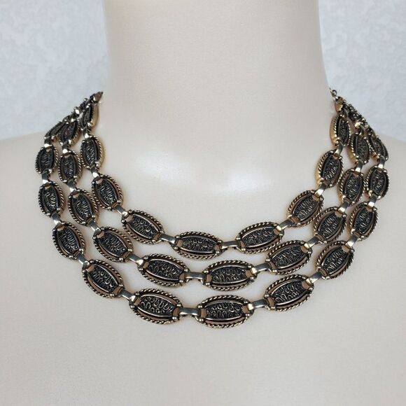 Vtg Sarah Coventry 60s Oval Gold Black Tone Chain Triple Strand Choker Necklace - Picture 1 of 12